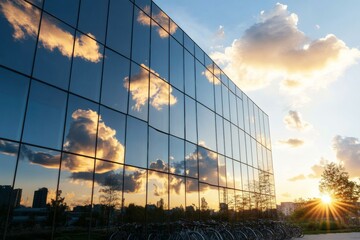 Poster - Modern Eco-Aesthetic Office Design Solar-Paneled Glass Architecture with Green Transport Integration for Urban Sustainability and Business Innovation