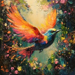 Poster - Abstract expressionist portrayal of a fantastical bird with vibrant wild feathers soaring through a mystical forest The textures are smooth and angelic with a whimsical Pixarstyle twist