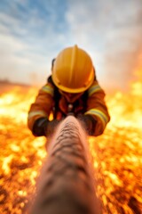Aufkleber - Dynamic Firefighting Scene Heroic Firefighters Amid Raging Flames with High-Tech Gear Safety Training and Emergency Response Strategy for Crisis Management Professionals