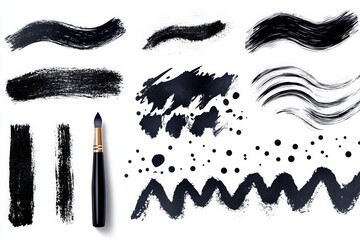Aufkleber - Various brush strokes and patterns created with black paint on a clean white surface with a brush laid beside