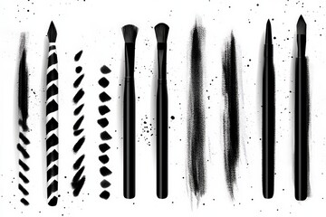 Poster - Different types of black paintbrushes and artistic strokes arranged on a white background for creative design