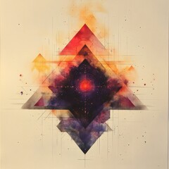 Poster - Abstract ink drawing a central fluid form surrounded by floating geometric shapes in crystalline clarity enhanced by luminous binary trails and a soft pastel backdrop creating a surreal atmosphere