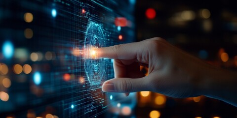 Fototapete - Neon Tech Interface Holographic Display over Modern Keyboard - Digital Innovation and Business Solutions for Cutting-Edge Workspaces in Tech-Forward Industries