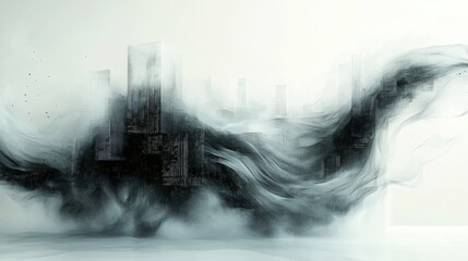 Poster - Abstract monochromatic ink artwork with intricate wavy forms and transparent geometric shapes like cubes and spheres illuminated by luminous trails of binary code against a soft pastel background