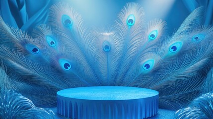 Wall Mural - Shiny blue circular podium surrounded by radiant peacock feathers, with soft light and intricate details on a luxury-themed blue backdrop.