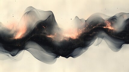 Poster - Abstract monochromatic ink artwork with intricate wavy forms and transparent geometric shapes like cubes and spheres illuminated by luminous trails of binary code against a soft pastel background