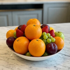 Wall Mural - various fresh fruits in a bowl. Bowl of assorted fruits with oranges arranged on a marble countertop in a stylish food presentation.