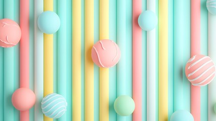 Wall Mural - Colorful Pastel Background with Stripes and Decorative Balls for Modern Design Projects and Creative Concepts