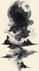 Poster - Abstract monochromatic ink illustration featuring a wavy central form with bold strokes and soft lines merging into a surreal landscape filled with levitating geometric shapes and pastel hues