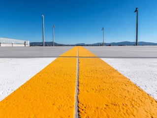 Poster - Minimalist Urban Landscape Yellow Line on Concrete Ground with Blue Sky - Modern Art Aesthetic for Architectural Design and Creative Marketing Strategies