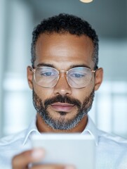 Aufkleber - Contemporary Professional Aesthetic Mid-Age Man with Stylish Glasses Using Smartphone - Modern Business Tech for Digital Communication and Networking Efficiency