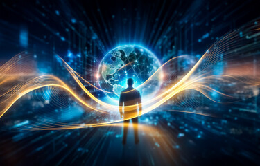 Fototapete - A lone figure stands before a glowing, digital earth surrounded by lines and lights.