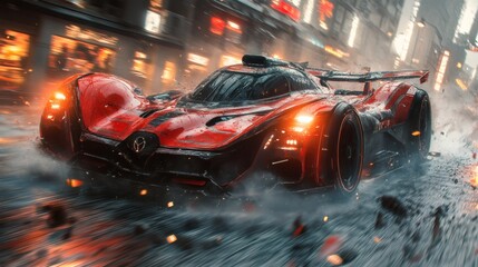Poster - advanced vehicle featuring striking red black design speeding through cloud of debris smoke illumina