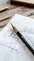 Poster - Minimalist Architectural Blueprint Precision Pencil and Technical Sketching Tools on Rustic Wood - Design Innovation for Engineering Projects and Modern Construction Planning