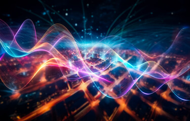 Poster - A city at night with a complex web of glowing lines connecting the buildings.