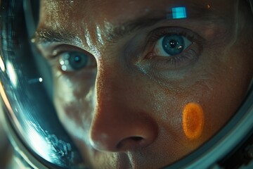 Poster - Close-up of an astronaut's face reflecting determination and focus during a space mission in a high-tech environment
