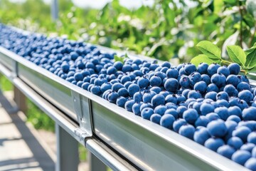 Wall Mural - Fresh blueberries on a conveyor belt, ready for processing and packaging.