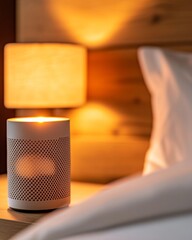 Aufkleber - Scandinavian Smart Home Ambiance AI Speaker with Soft LED Glow on Wooden Nightstand - Modern Tech Lifestyle and Relaxed Living for Nighttime Wellness