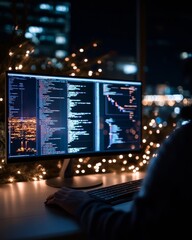 Aufkleber - Nighttime Tech Office LED-Lit Programmer Workspace with Multiple Monitors on Sleek Desk - Enhancing Modern Developer Productivity and Ergonomic Design for IT Industry
