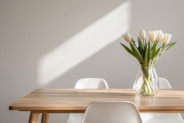 Poster - Scandinavian Minimalist Dining Space Natural Wood Table with White Chairs and Floral Centerpiece - Modern Interior Design for Urban Development and Sustainable Living Spaces