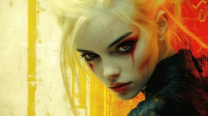 Poster - Albino gothic woman dynamic redyellow hair and piercing black eyes wielding a sharp knife posed on a damaged neon typographic structure with gold red and yellow inkflow effects and geometric patterns