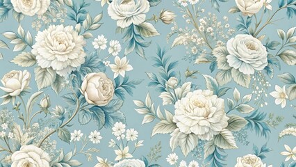 Naklejka na meble Elegant floral toile blue pattern with delicate white roses and leaves on a soft pastel background, reminiscent of classic French art nouveau designs , wallpaper, interior design