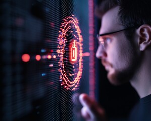 Fototapete - Futuristic Cybersecurity Visualization Professional Male Engaging Digital Interface with Floating Lock Icons and Holographic Nodes - Advanced Security Management and Threat Detection Solutions
