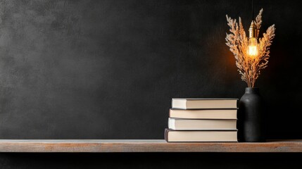 Poster - Rustic Literary Retreat Empty Canvas for Imaginative Advertising on Wooden Shelf with Vintage Lighting Creative Marketing for Book Publishers and Cozy Interior Designers