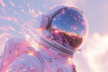 Poster - Astronaut in a vivid cosmic landscape surrounded by sparkling light at dawn
