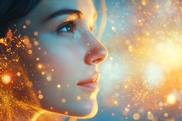 Aufkleber - Young woman gazing thoughtfully into the distance with sparkling light effects in a creative portrait
