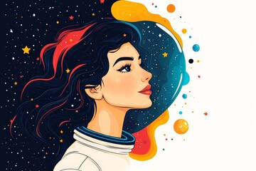 Aufkleber - Woman in space suit gazes at the cosmos with vibrant colors and stellar elements in  a dreamy portrayal of adventure