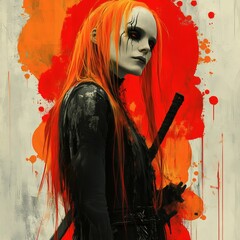 Poster - Albino gothic woman with long redyellow hair and black eyes standing confidently with a sharp chopper knife against a backdrop of vibrant inkflow effects and asymmetrical geometric designs