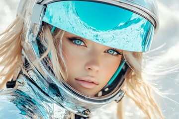 Poster - Female astronaut with striking blue eyes poses in reflective space suit against a cosmic backdrop