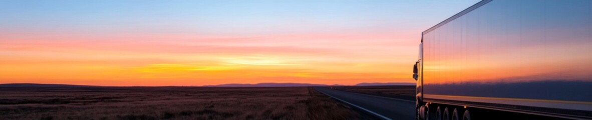 Poster - Sunset Gradient Transportation Sleek Semi Truck on Open Highway with Asphalt Texture - Logistics Innovation and Long-Haul Efficiency in Expansive Countryside Vistas