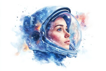 Poster - Woman in a space helmet gazes into the cosmos with wonder, surrounded by a vibrant galaxy of colors and stars