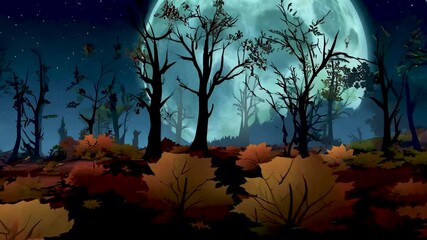 Wall Mural - moonlit forest with autumn leaves at night