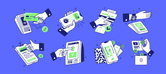 Poster - Contactless cashless payment set. Hands with credit card, mobile phone, smart watches pay by pos, scan QR, transfer digital money. NFC technology concept. Flat isolated outline vector illustrations