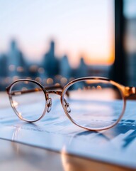 Poster - Sleek Modern Workspace Focus Minimalist Eyewear on Polished Wooden Desk with Analytics Reports - Business Vision Content and Professional Efficiency Enhancement