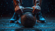 © HavingFunShop - Close-up of muscular hands gripping a kettlebell, sweat particles in the air, dark gym lighting with dramatic contrast, fitness determination