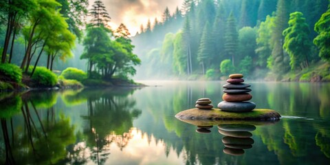 Wall Mural - Serene Zen ambiance with balancing pebbles beside a misty lake surrounded by lush greenery and towering trees, creating a sense of harmony and peacefulness, serenity, nature