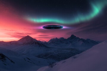 Poster - Mystical Sci-Fi Decor LED-Lit Spaceship Over Snow-Capped Mountains for Futuristic Landscape Art and Tech-Inspired Office Spaces, Enhance Creativity and Innovation