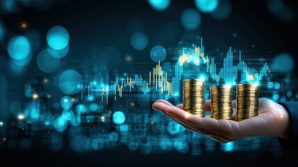 Poster - Hand Holding Stacks of Gold Coins with Abstract Financial Background and Data Visualization Elements
