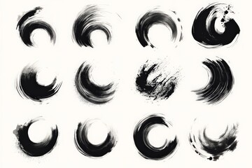 Aufkleber - Artistic black ink brush strokes create abstract circular patterns on a light background