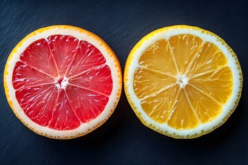 Wall Mural - Vibrant Citrus Delights: Sliced Grapefruit and Lemon on Dark Background for Food Design