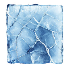 Poster - A close up image shows a large cracked square block of translucent blue ice against a black background.