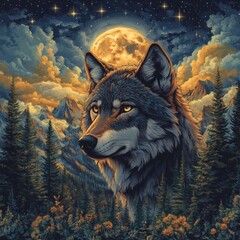 Poster - Artistic depiction of a wolf's face turned left intricately detailed set against a tranquil landscape of towering mountains lush pine trees and a starry night sky illuminated by a full moon