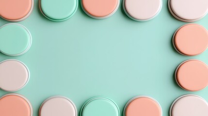 Wall Mural - Colorful Round Containers on Soft Mint Background for Stylish and Creative Design Use