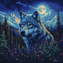 Poster - Artistic depiction of a wolf's face turned left intricately detailed set against a tranquil landscape of towering mountains lush pine trees and a starry night sky illuminated by a full moon
