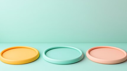 Wall Mural - Colorful Round Plates in Soft Pastel Tones on a Minimalistic Background for Stylish Table Decor