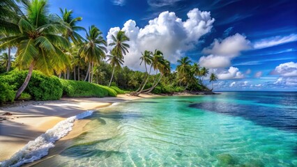 Wall Mural - Serene ocean waves gently lapping at the shore of a secluded cove surrounded by swaying palm trees and powdery white sand , clear water, ocean views